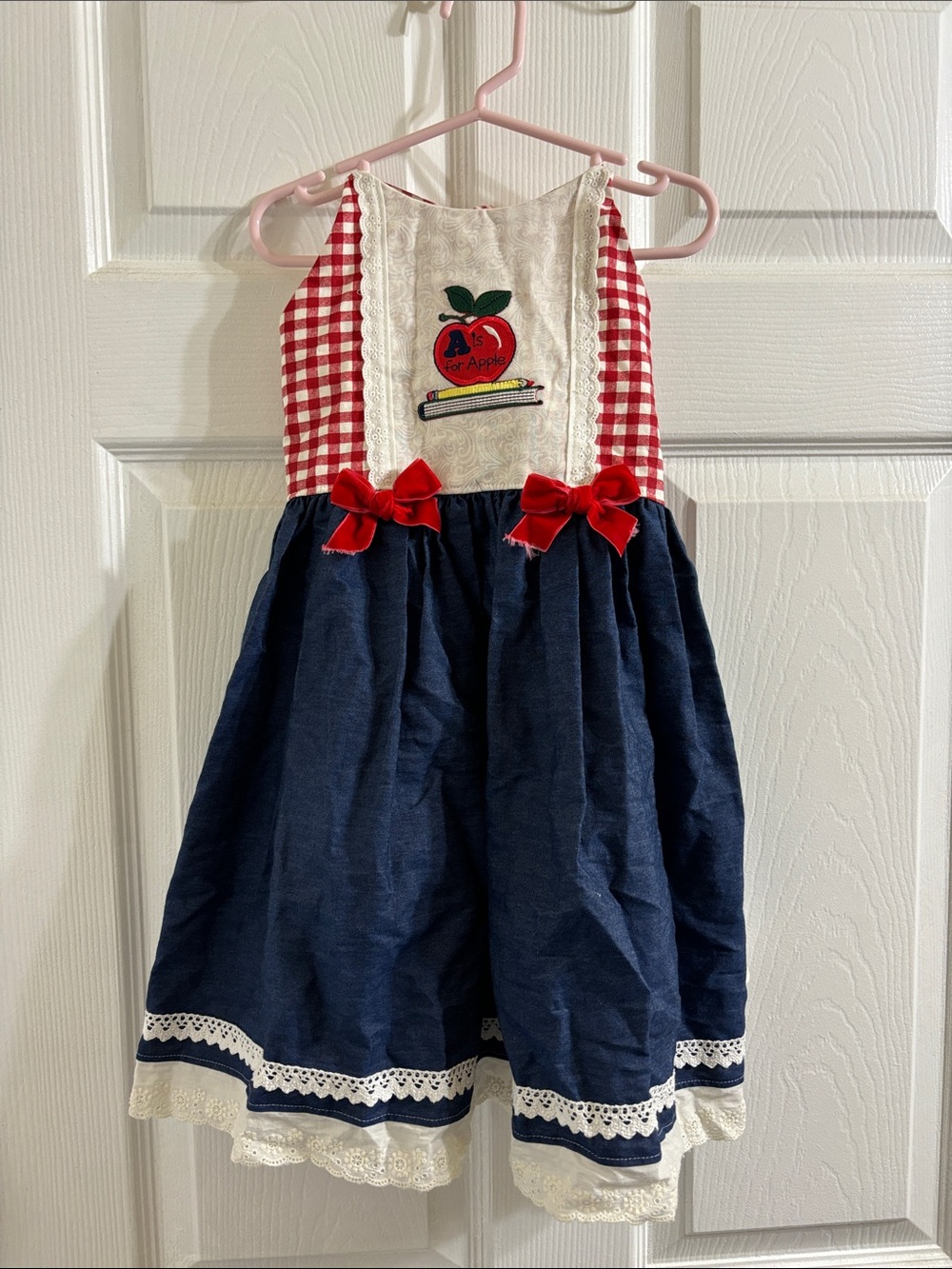 Girls Navy Blue Sundress with Red Gingham and Apple Applique